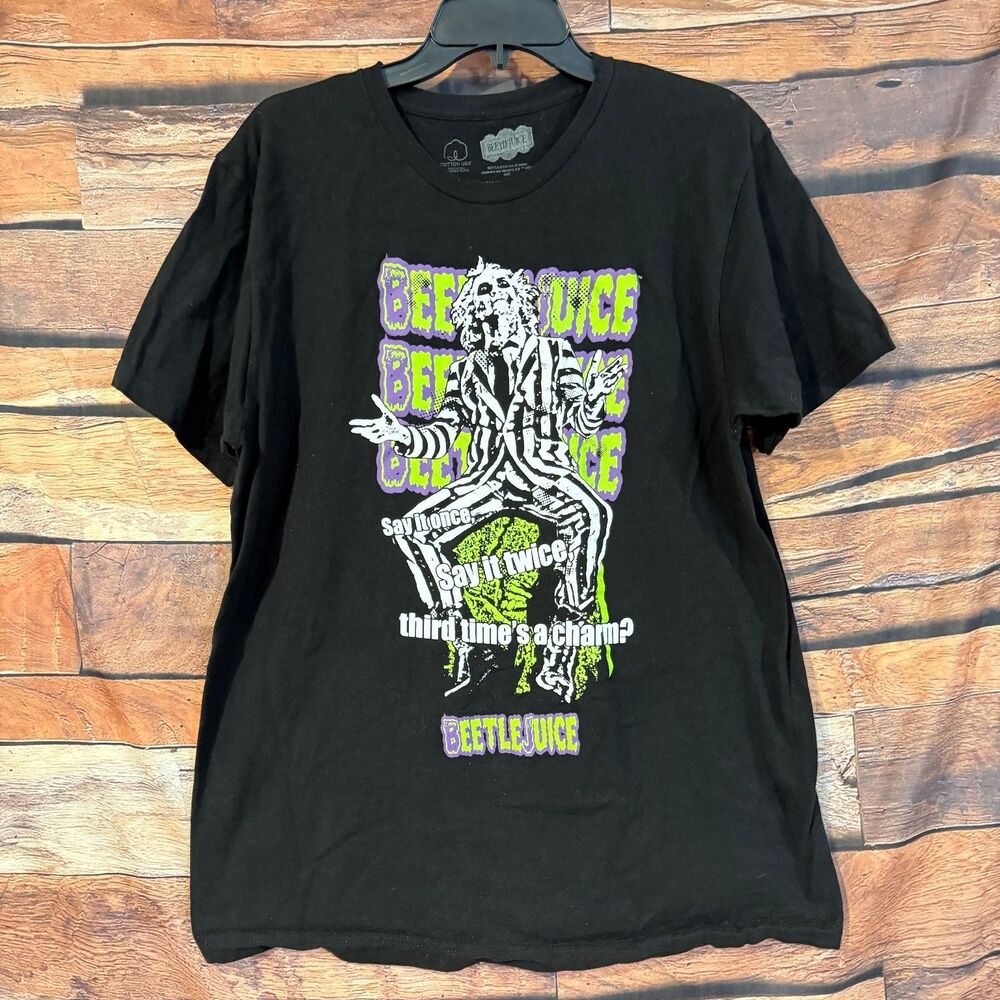 BEETLEJUICE Men's Black L 100% Cotton Graphic Tee "Say it twice" Movie Shirt